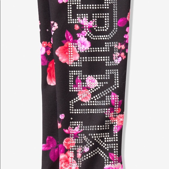 ❗️LAST💕VS PINK BLACK FLORAL BLING COTTON LEGGINGS - Picture 4 of 5